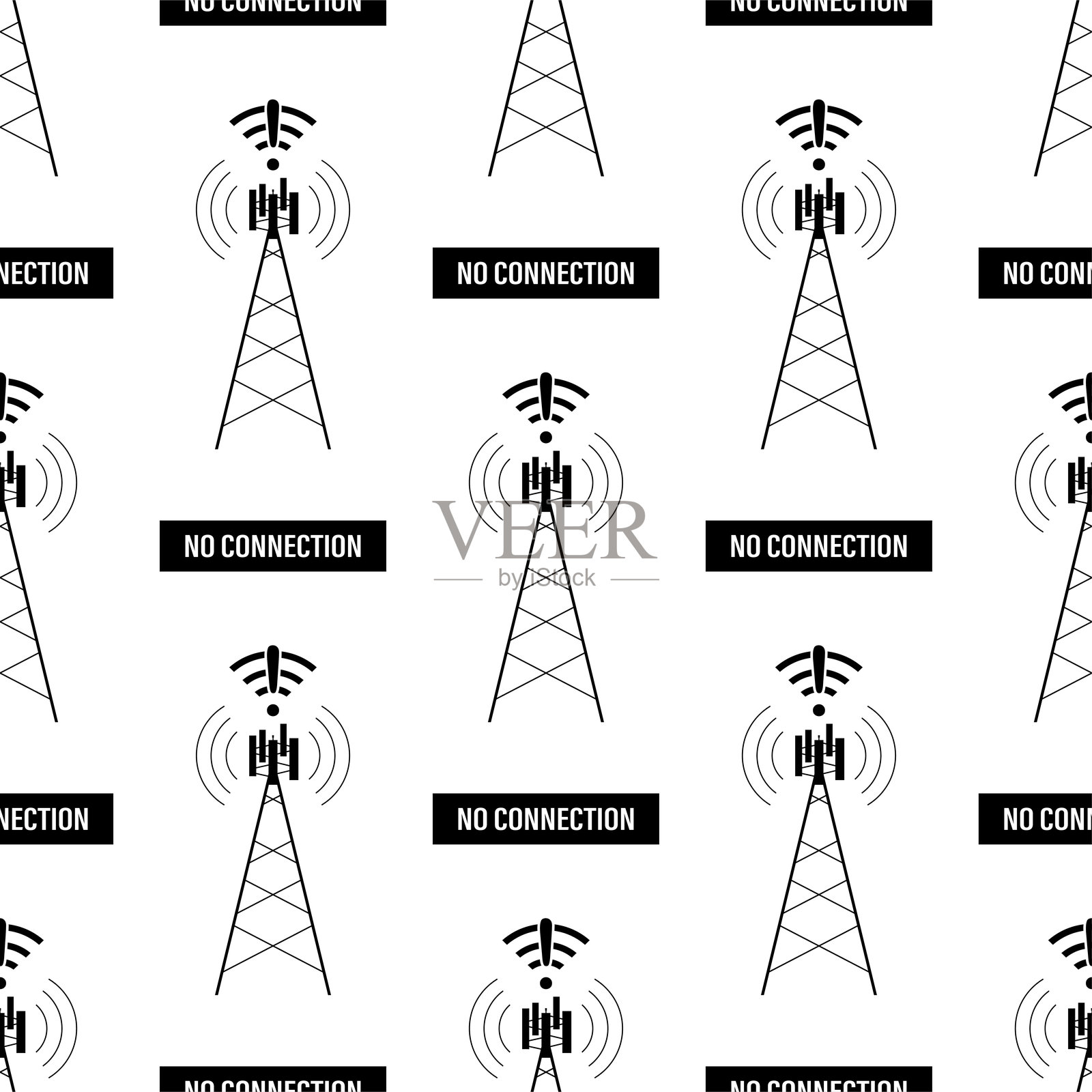 无信号的通信塔无缝图案。没有互联网连接。无线信号不可用。网络问题，纹理模板，壁纸。插画图片素材