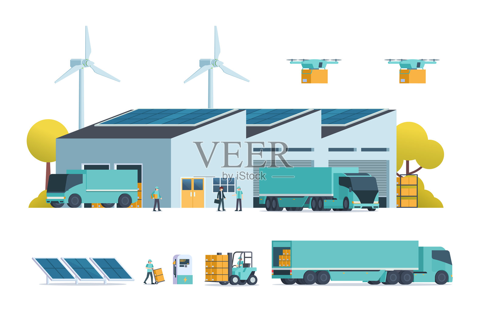 绿色可持续仓库建筑插图，带有物流元素。矢量图插画图片素材