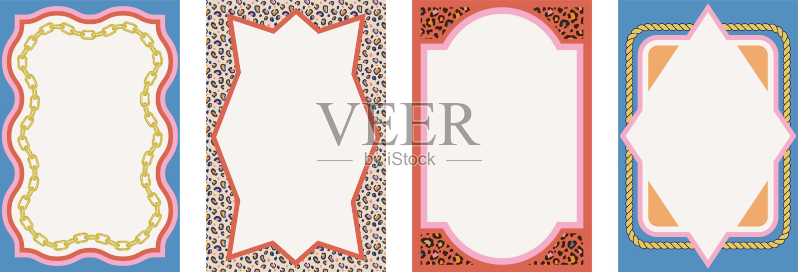 时尚的豹纹和猎豹皮肤图案框架集合，配有金链和纹理。壁纸、卡片、竖版海报、抽象背景和模板设计。插画图片素材
