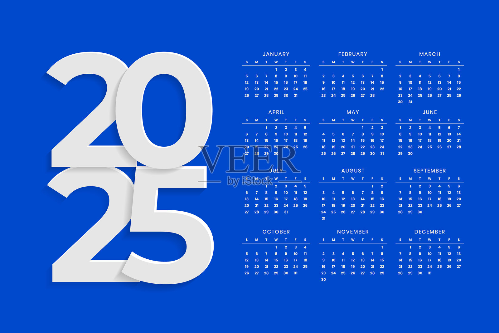 2025年蓝色模板设计的年度日历插画图片素材