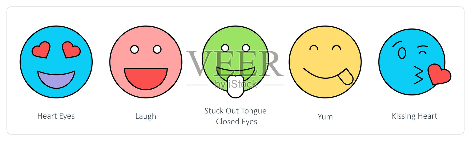 一组面部表情符号图标，包括心形眼睛、笑脸、吐舌头和闭眼表情。插画图片素材
