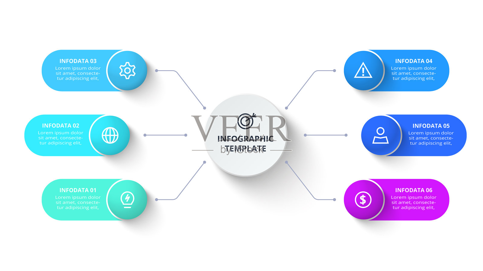 包含6个步骤、选项、部分或流程的创意信息图概念。商业数据可视化。插画图片素材