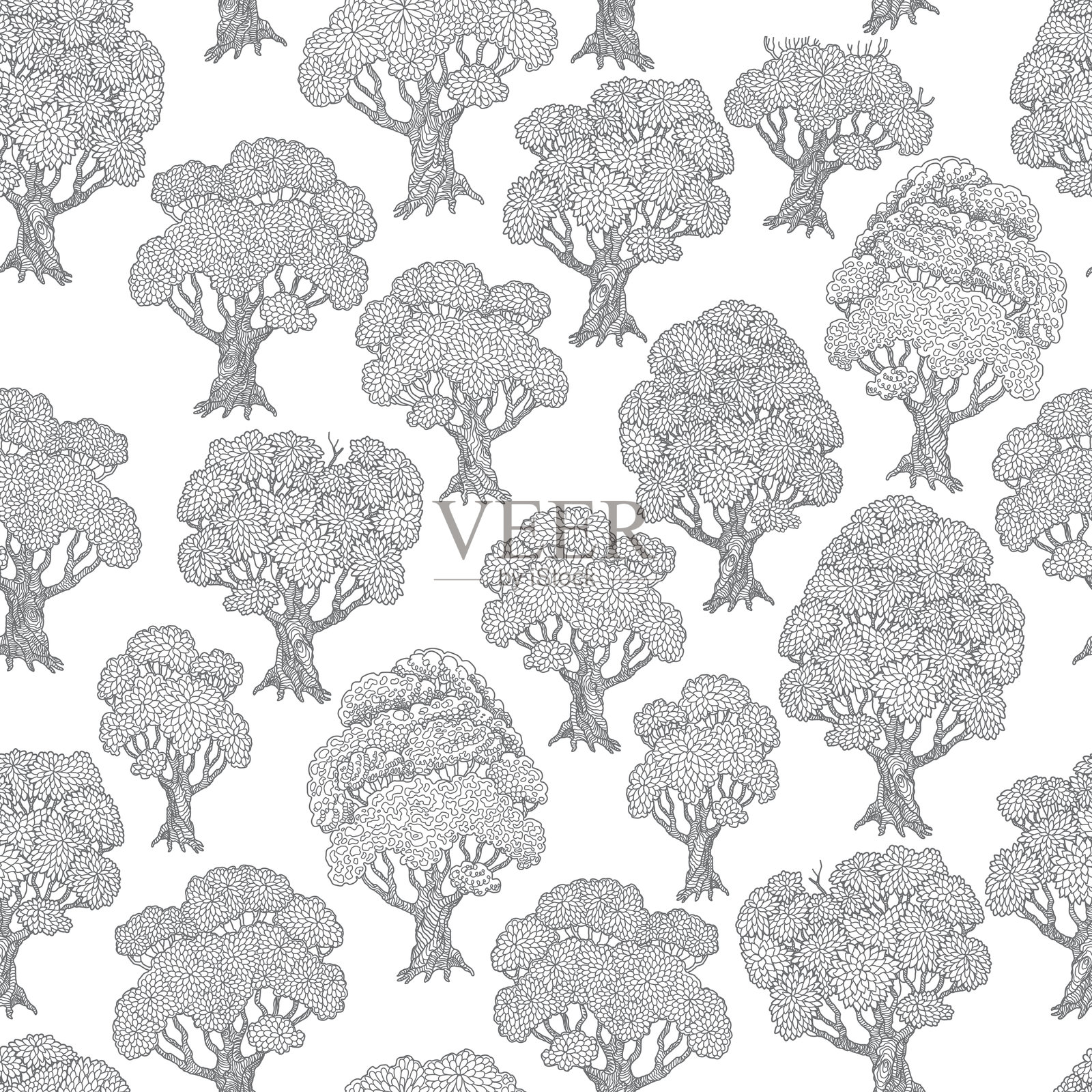 矢量花卉无缝图案。灰色树木轮廓在白色背景上，涂色书页插画图片素材