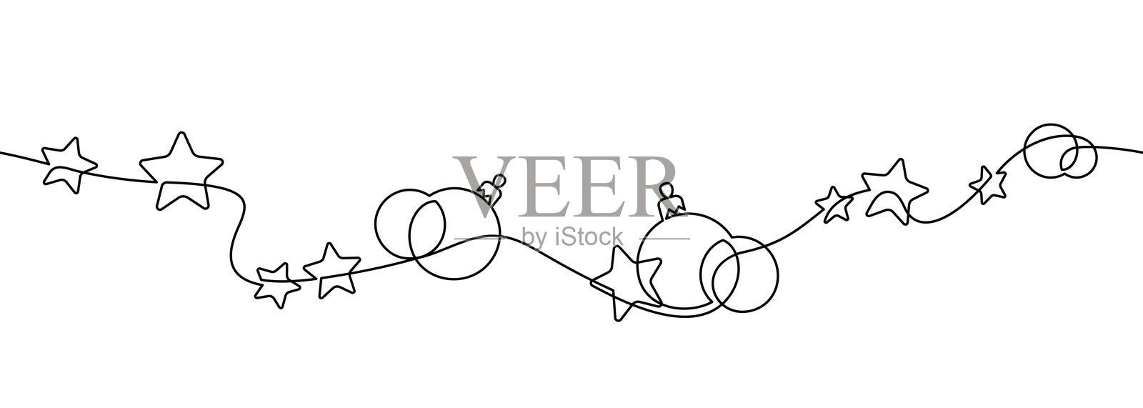 圣诞装饰星星和球饰的单线条极简风格无缝图案插画图片素材