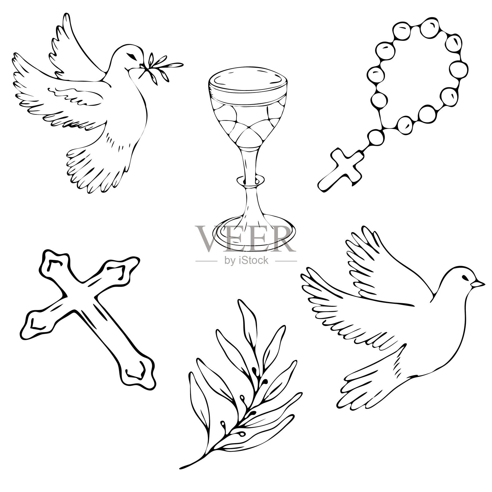 第一次圣餐套装。基督教元素，天主教宗教图标；和平鸽，圣杯，十字架，念珠，橄榄枝。手绘。黑白矢量插图。插画图片素材