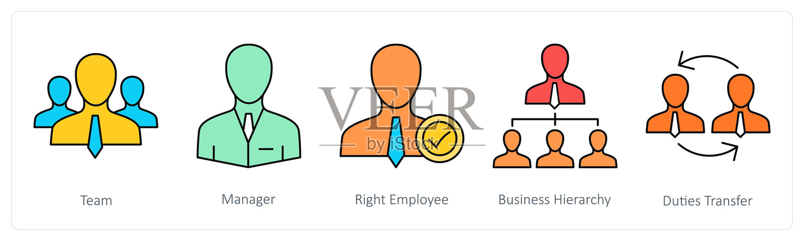 一组商业图标，包括团队、经理和合适的员工插画图片素材