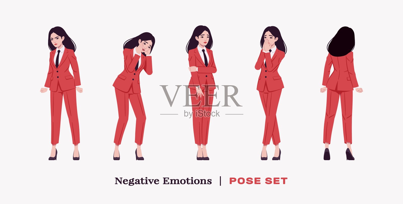 雄心勃勃的女商人，自信的红色西装女强人消极形象插画图片素材