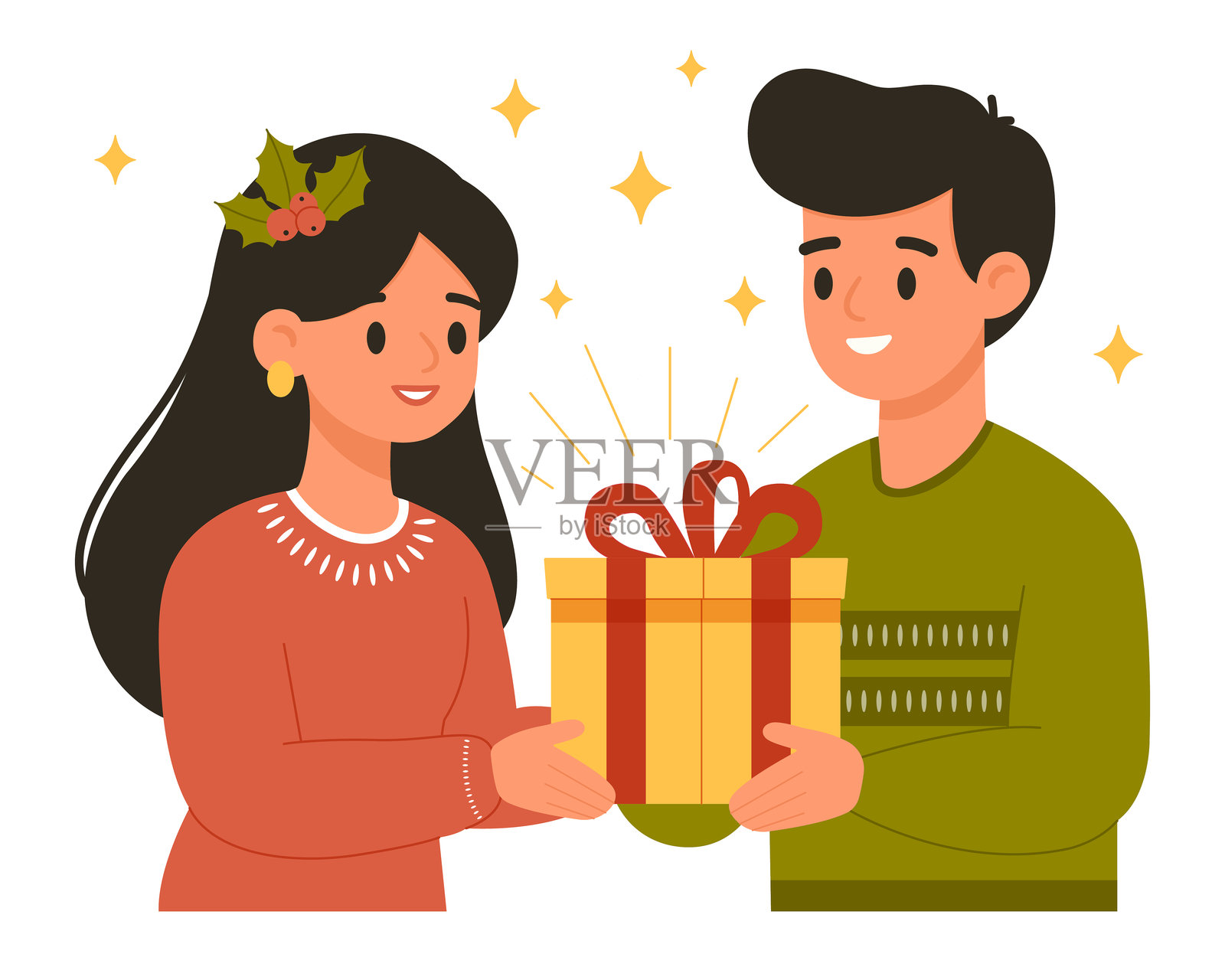一对男女手持礼品盒。送给朋友，圣诞气氛。年轻情侣庆祝圣诞节。背景为白色。扁平化矢量插图。插画图片素材