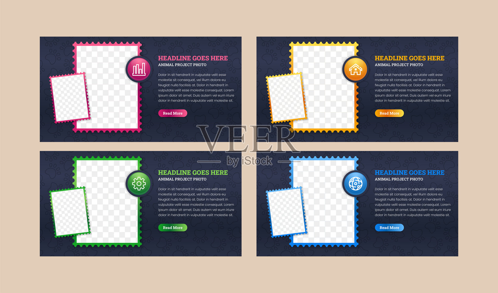 动物项目信息图表横幅集合。照片框设计模板，色彩丰富的元素。深蓝色背景。插画图片素材