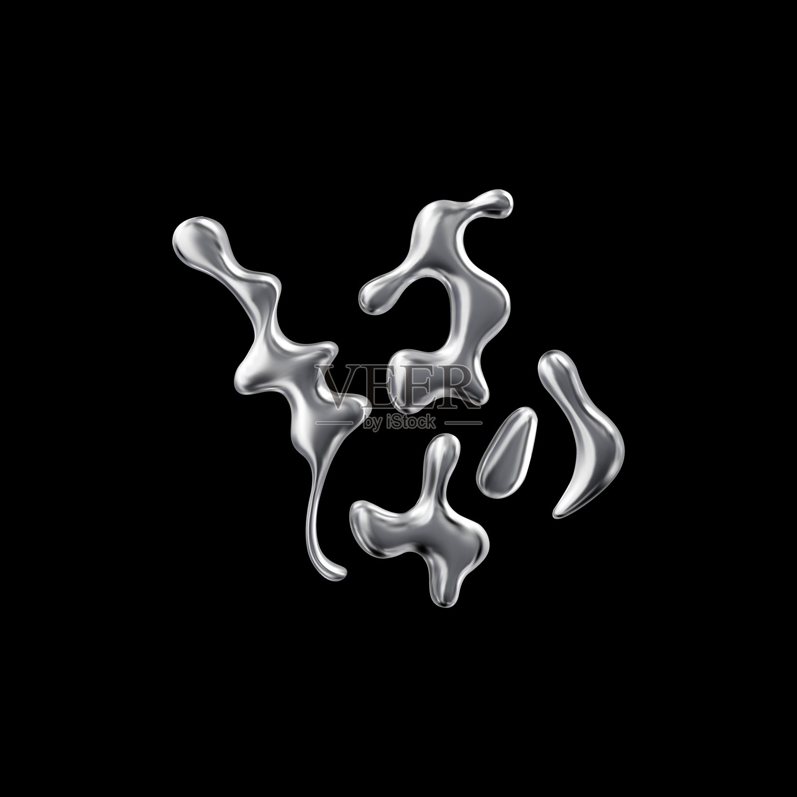 金属人物模型套装。铬效果。液体滴落3D效果。插画图片素材