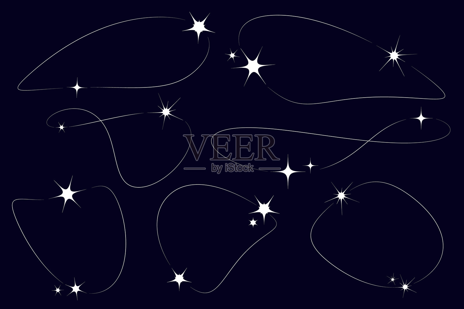 白色星星、线条的Y2K美学在黑色背景上。闪耀。抽象形状集合。粉笔。插画图片素材