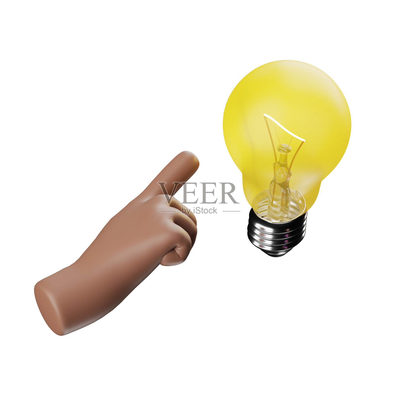 手指指向灯泡，白色背景照片摄影图片