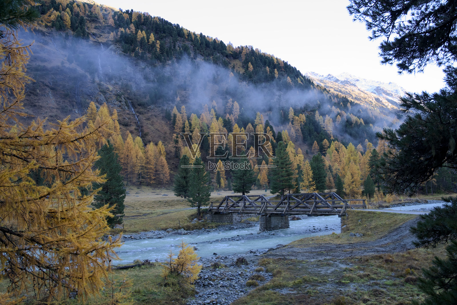 秋天的格劳宾登阿尔卑斯山中，庞特雷西纳附近的罗塞格谷中的河流照片摄影图片