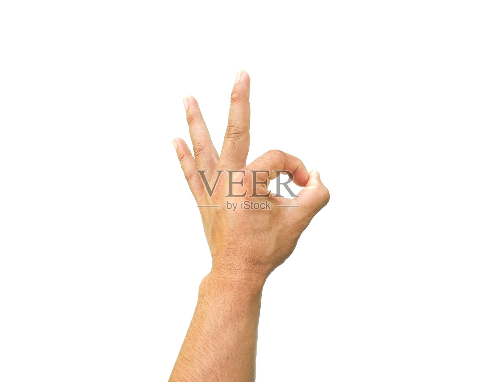男性手部做出“OK”手势，背景为白色。商业概念。照片摄影图片