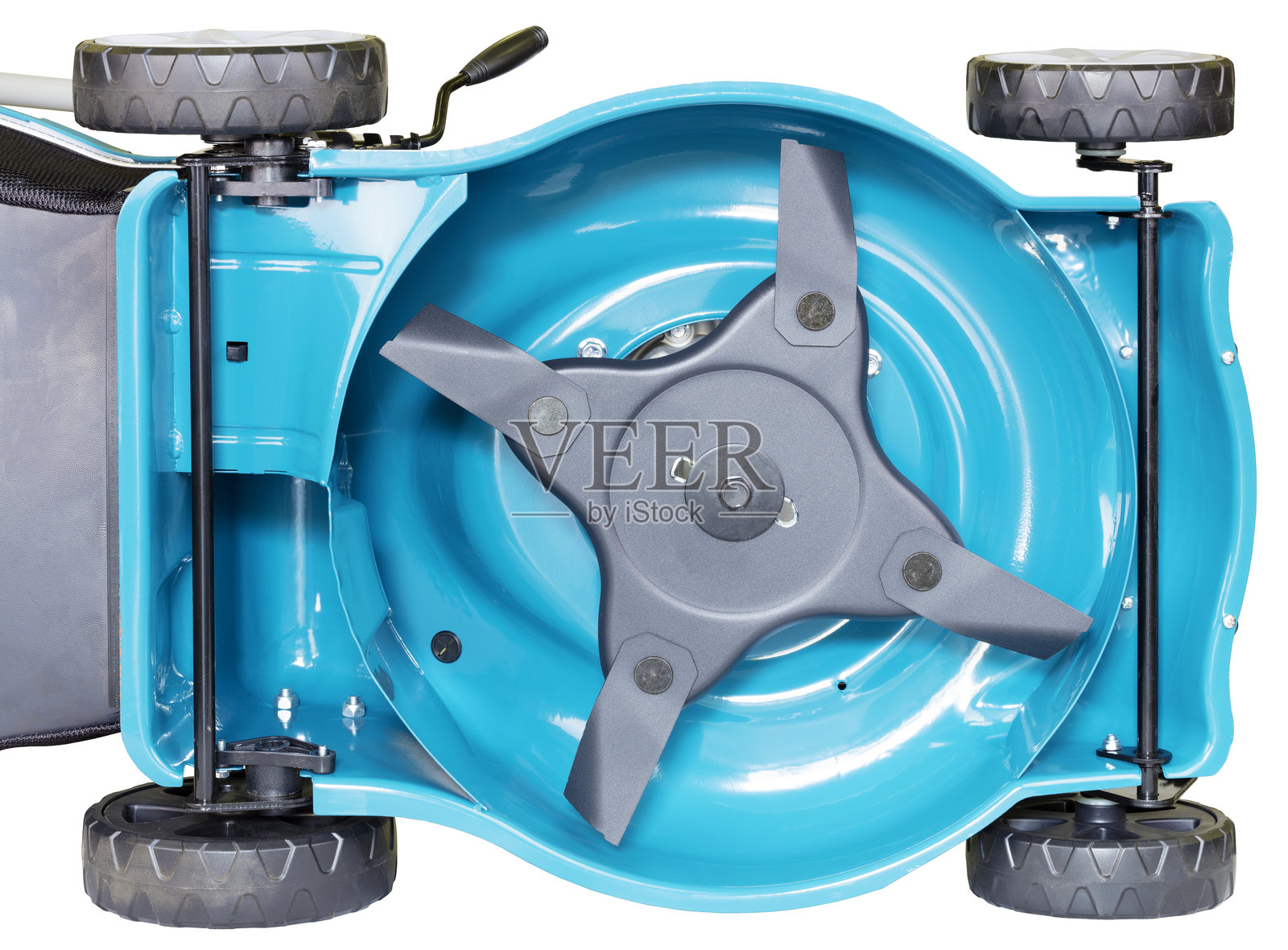 蓝色割草机在白色背景下照片摄影图片