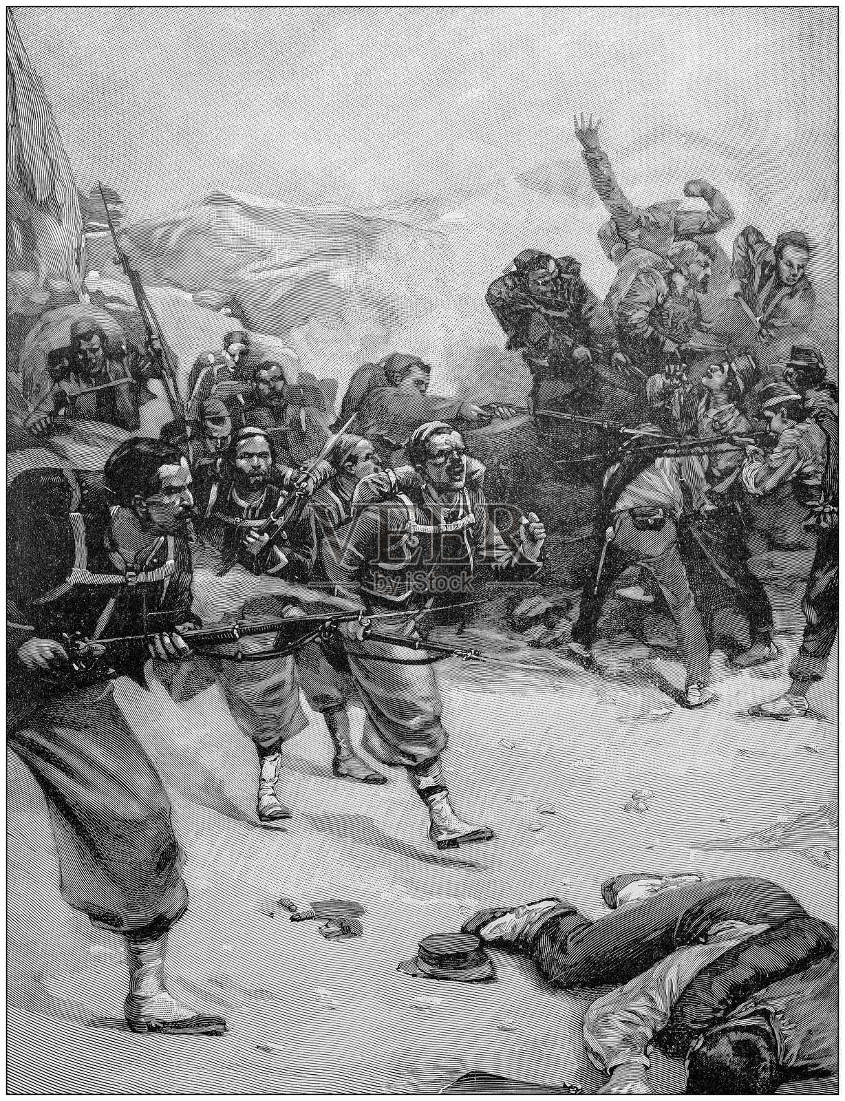 古董绘画插图:士兵在曼塔纳冲锋插画图片素材