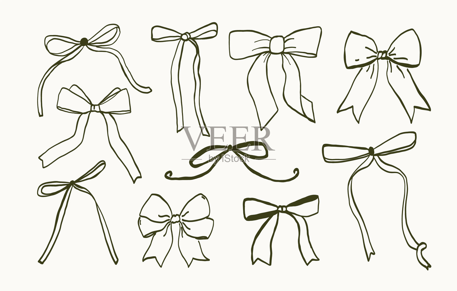 手绘蝴蝶结套装。复古线条艺术丝带礼物。可爱的娇媚婚礼时尚蝴蝶结素描。矢量轮廓插图插画图片素材