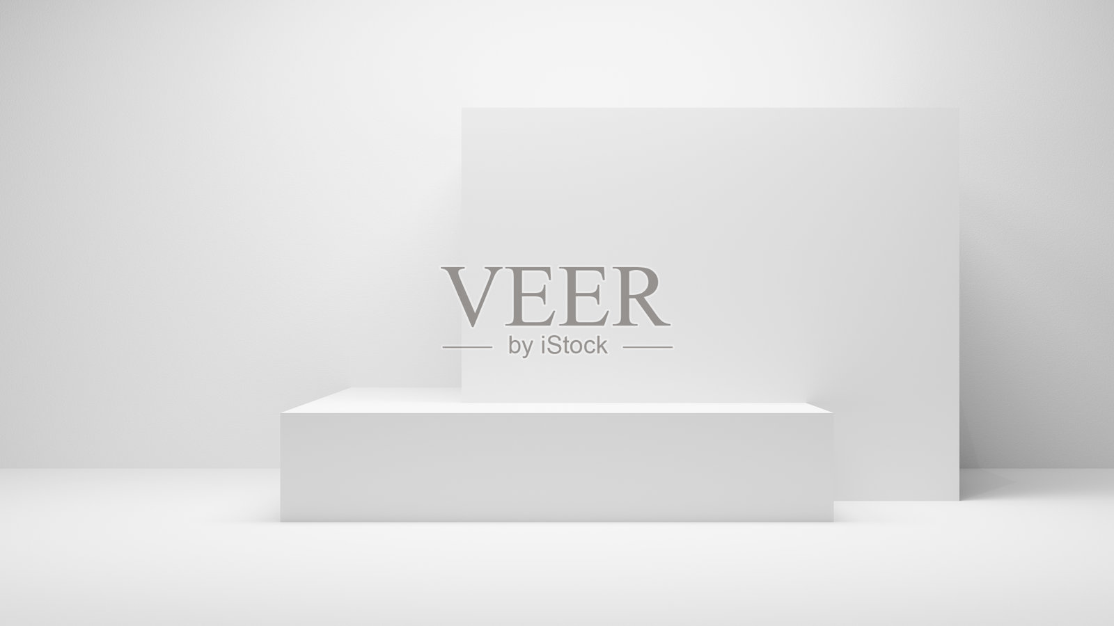 白色桌面背景。白色空桌平台立方体，带有聚光灯，位于白色空旷的工作室房间内。白色展示墙平台演示，- 白色几何形状立方体用于产品展示的模型。照片摄影图片