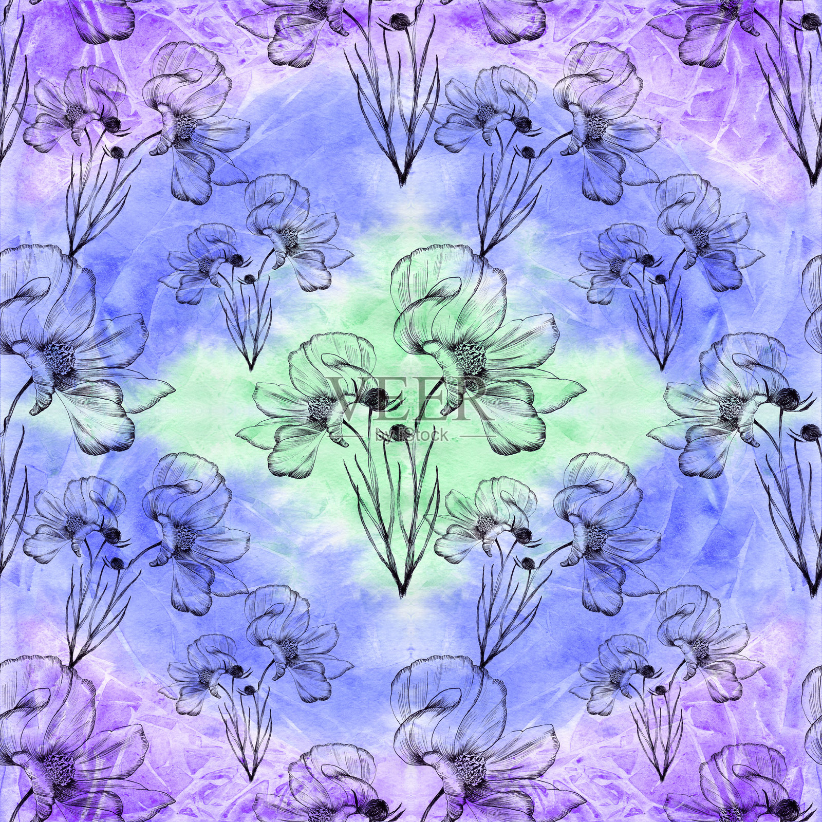 花卉图案。水彩背景上的花朵。带有花卉主题的抽象壁纸。无缝图案。花卉组合。可用于印刷材料、标志、海报、明信片、包装。插画图片素材