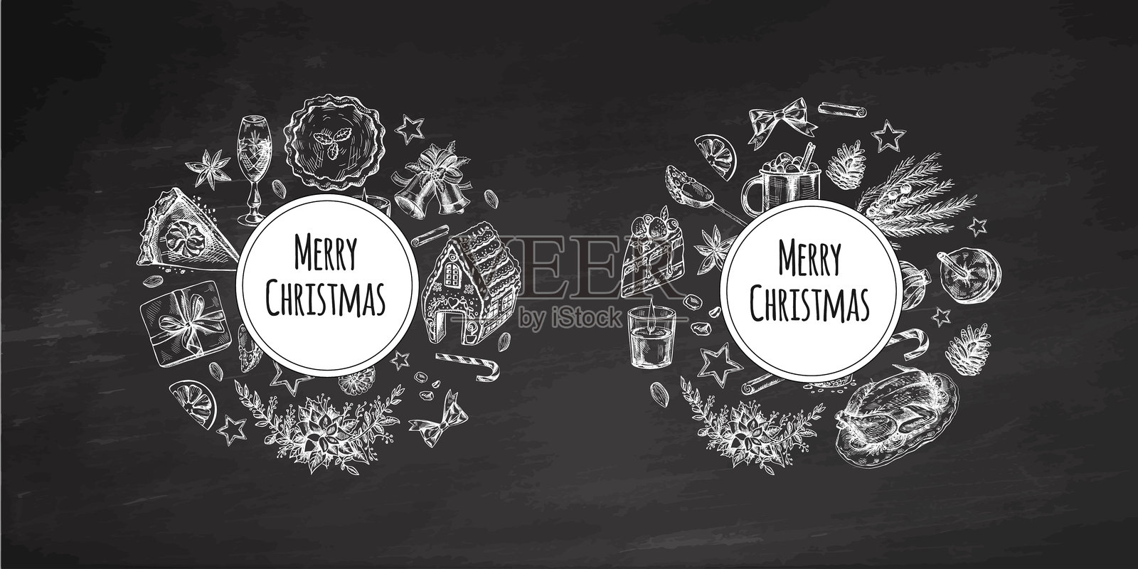 手绘姜饼屋和圣诞甜点在黑板上，配有“圣诞快乐”文字插画图片素材