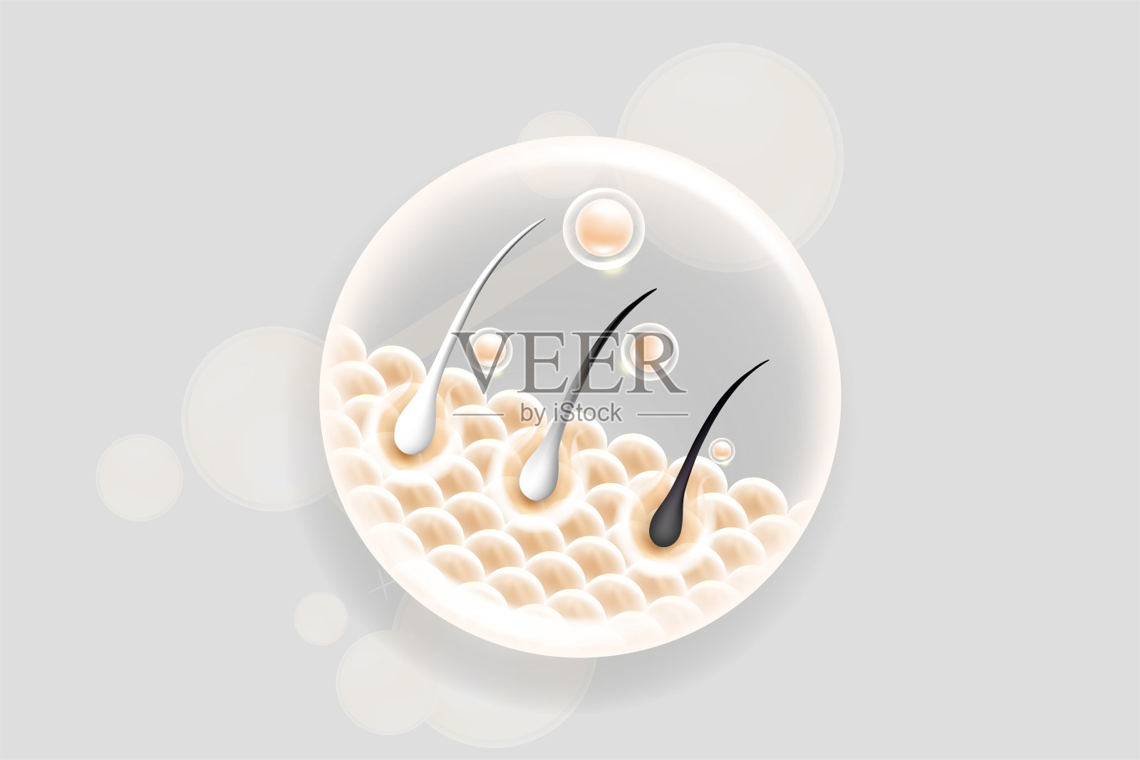 透明质酸和烟酰胺灰发和肌肤解决方案广告，白色胶原蛋白精华滴入皮肤细胞，化妆品广告背景，随时可用，插图矢量。插画图片素材