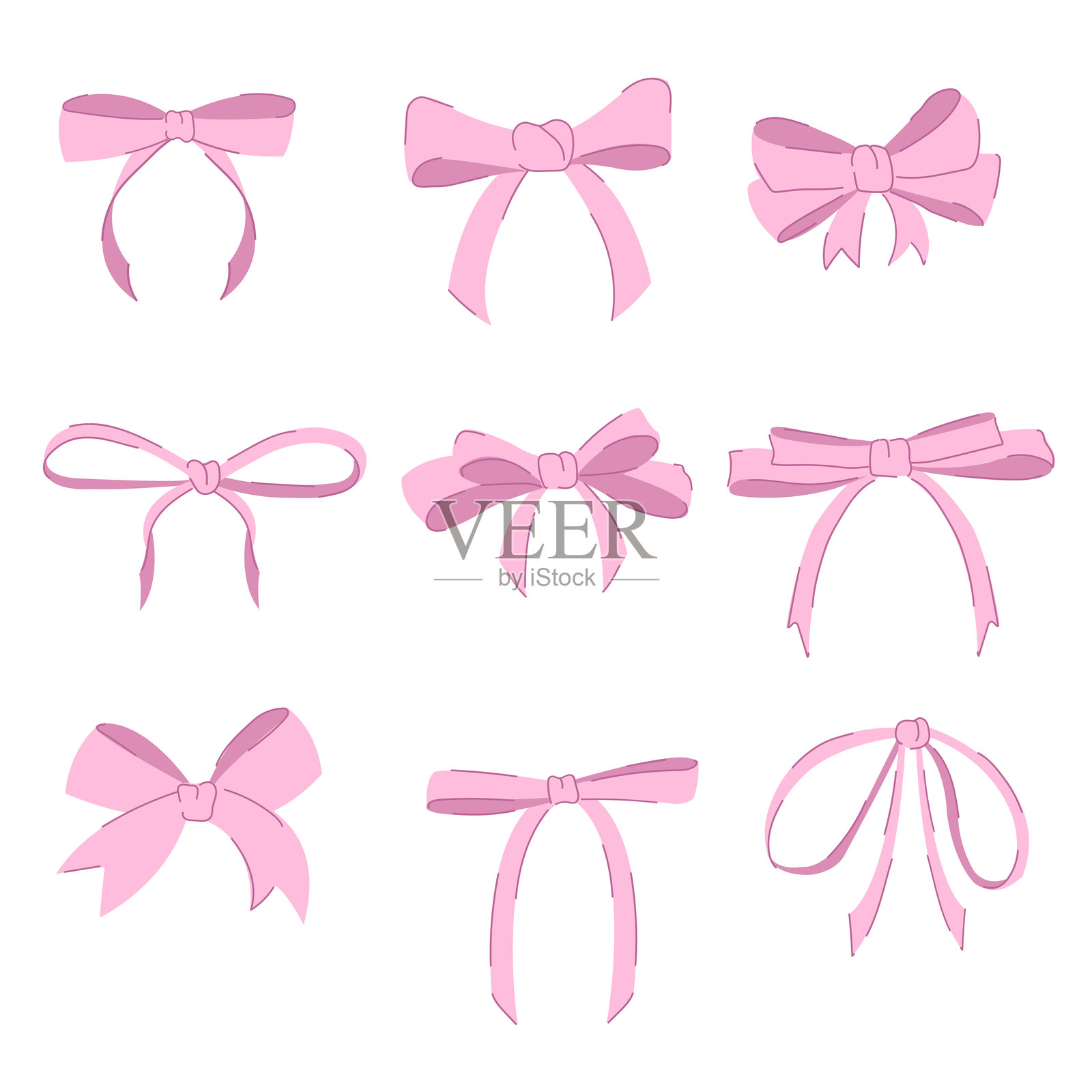 一组可爱的粉色蝴蝶结。手绘蝴蝶结系列。迷人的发饰。插画图片素材