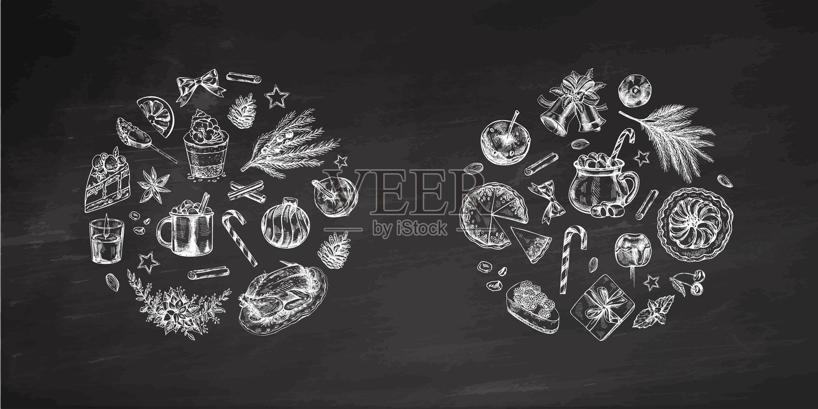 手绘的圣诞食品和节日美食在黑板上插画图片素材