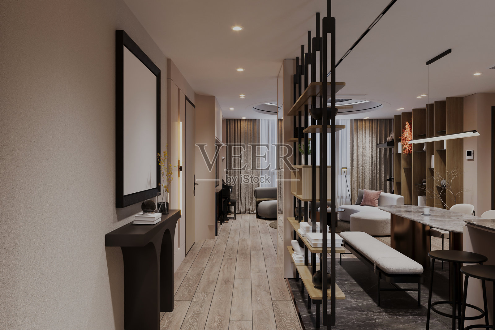 现代开放式客厅和餐厅，时尚的室内设计照片摄影图片