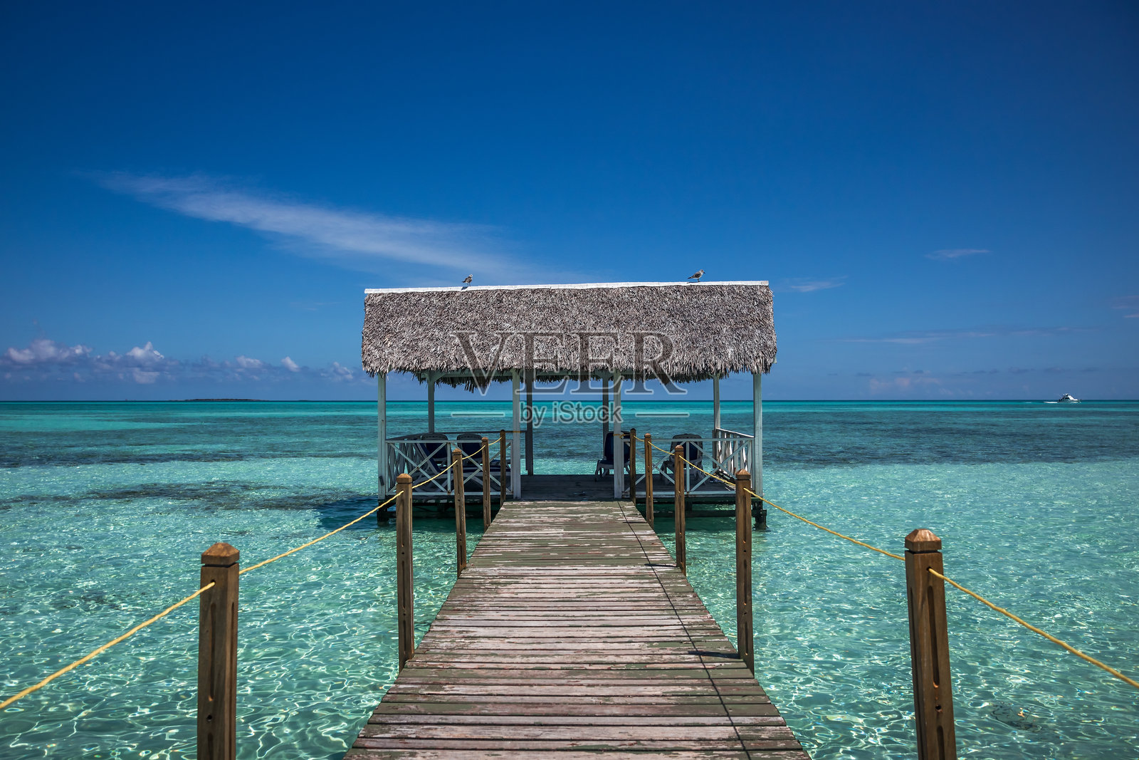 码头通向碧蓝的大海，碧蓝的天空和清澈的海水是海滩度假生活方式的风景照片摄影图片