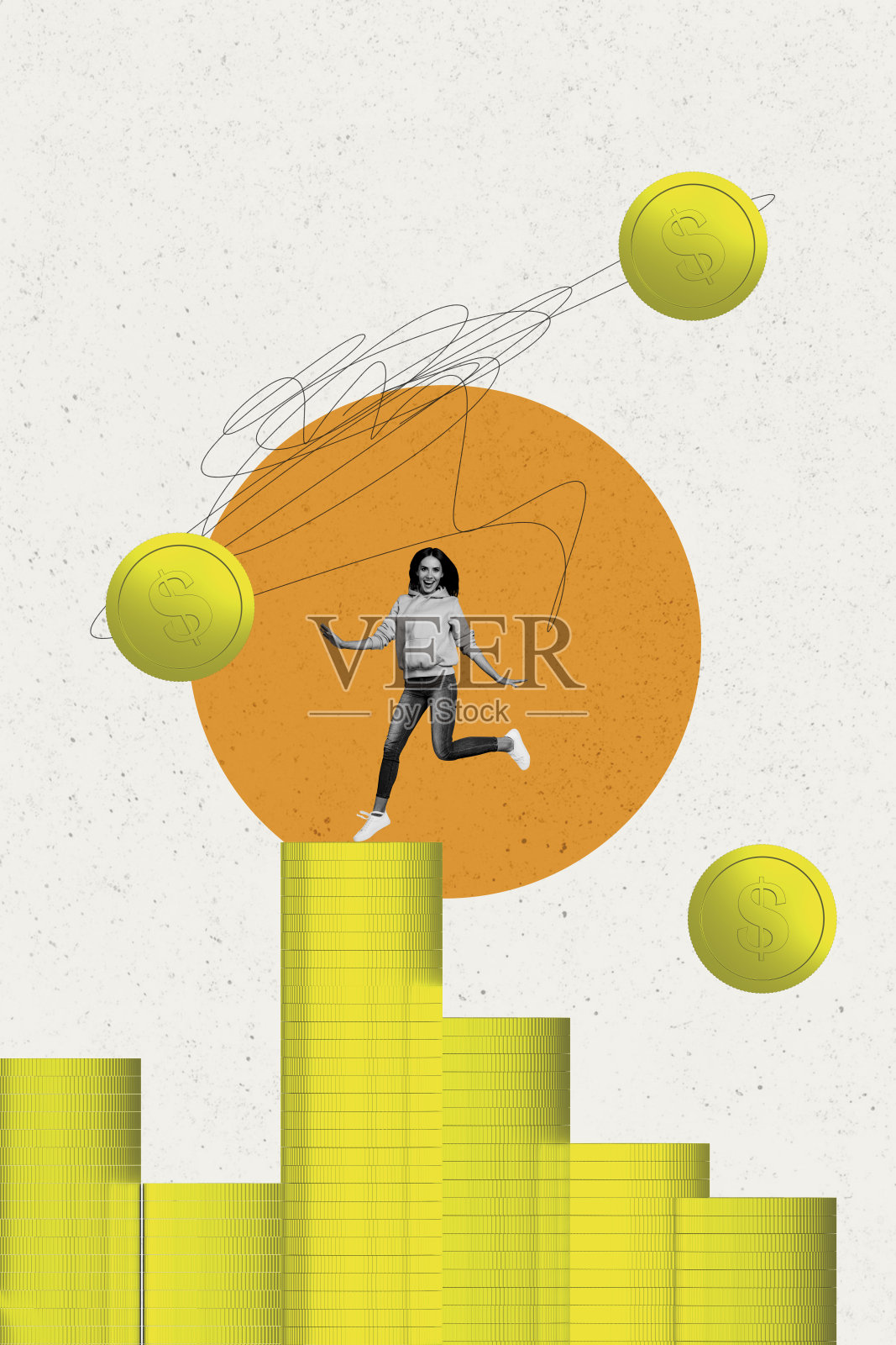 趋势复合素描模板 3D 照片拼贴，年轻女性在高处的梯子上奔跑攀爬，堆满金钱硬币的收入女商人照片摄影图片