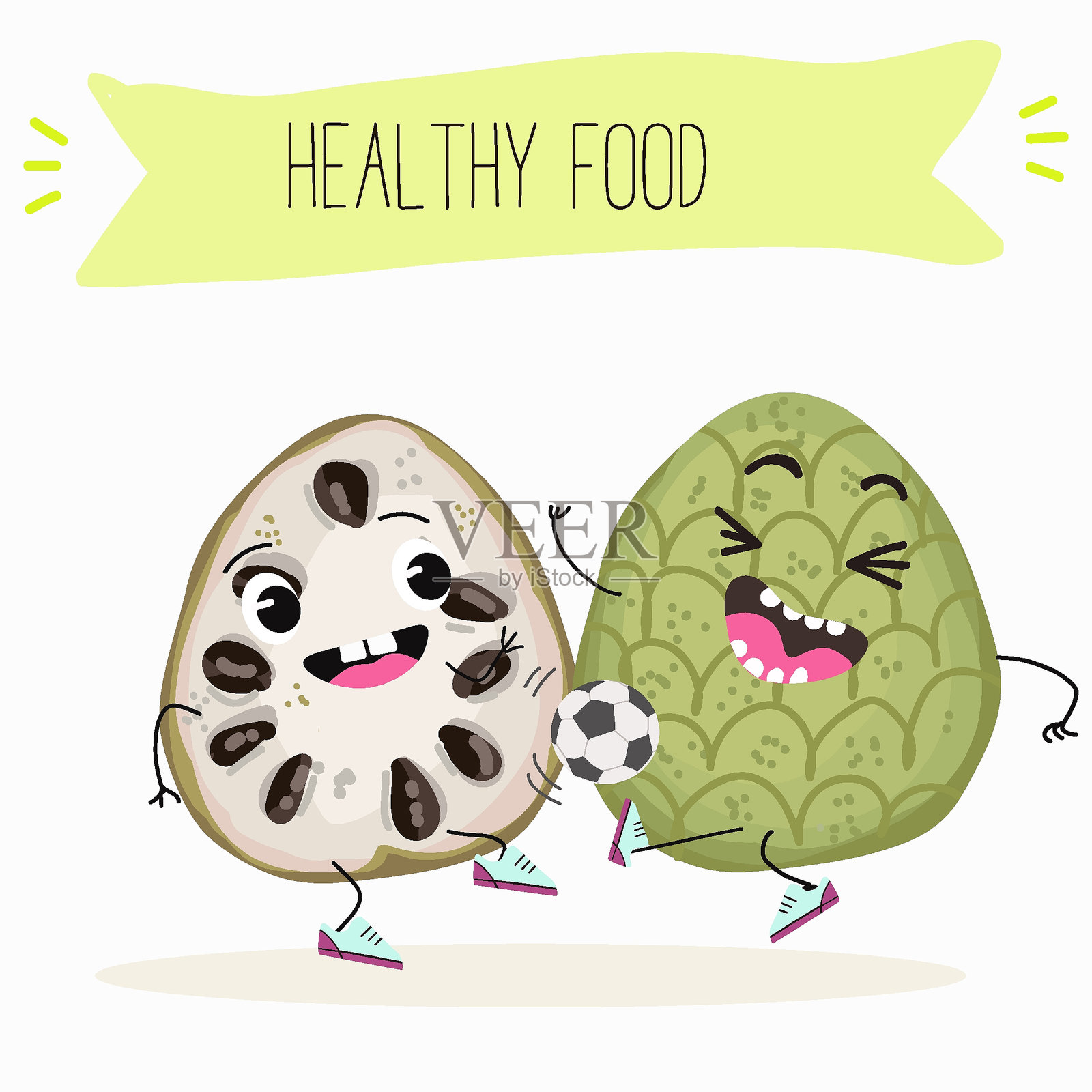 可爱的释迦果角色，表现出不同的姿势和活动，幽默而愉快。天然维生素抗氧化排毒食品系列。手绘插图。插画图片素材