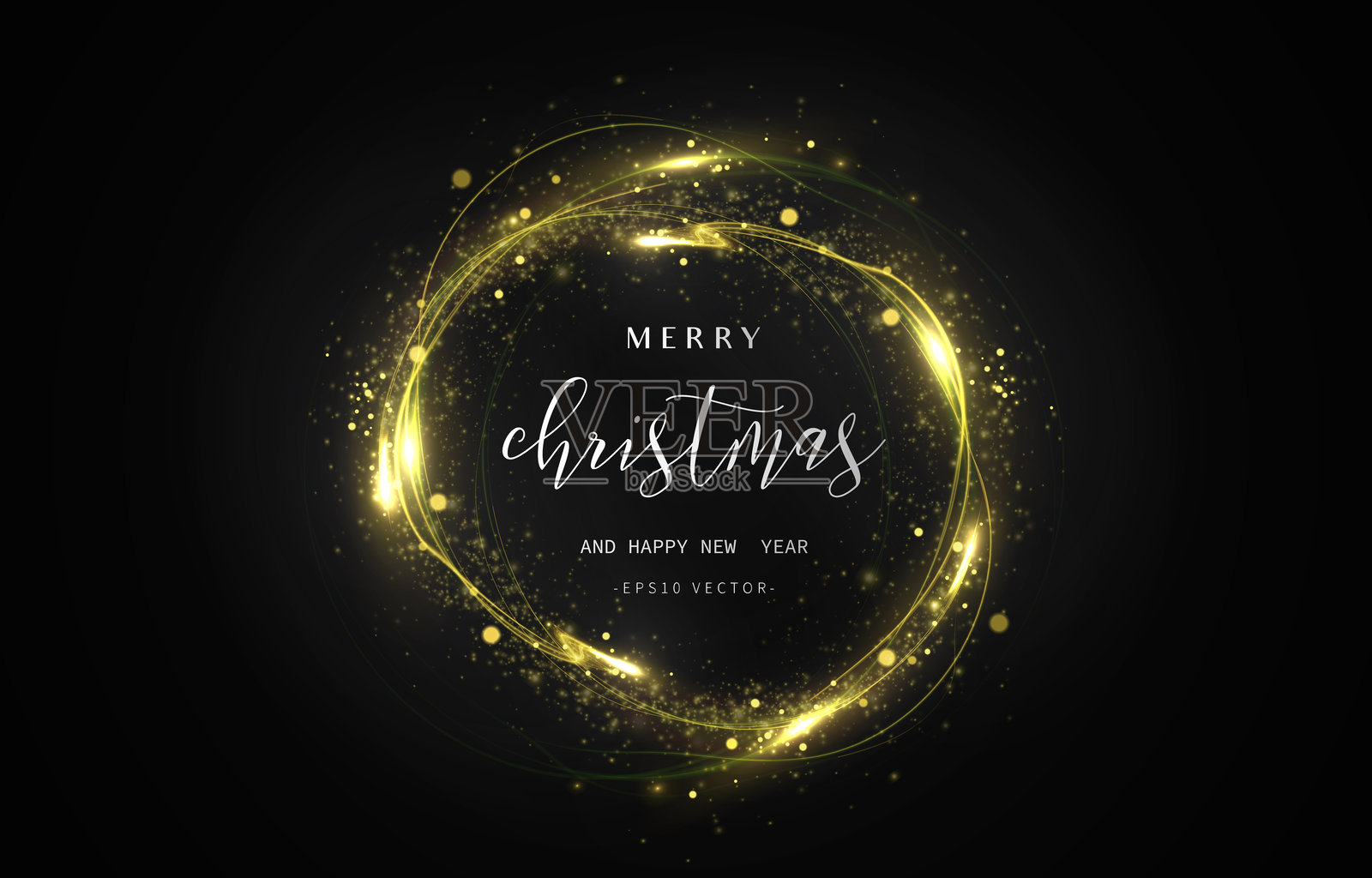 绿色光圈，带有闪烁的尘埃和闪亮的颗粒。2025年新年快乐，圣诞快乐，抽象闪亮的绿色波浪设计元素。插画图片素材