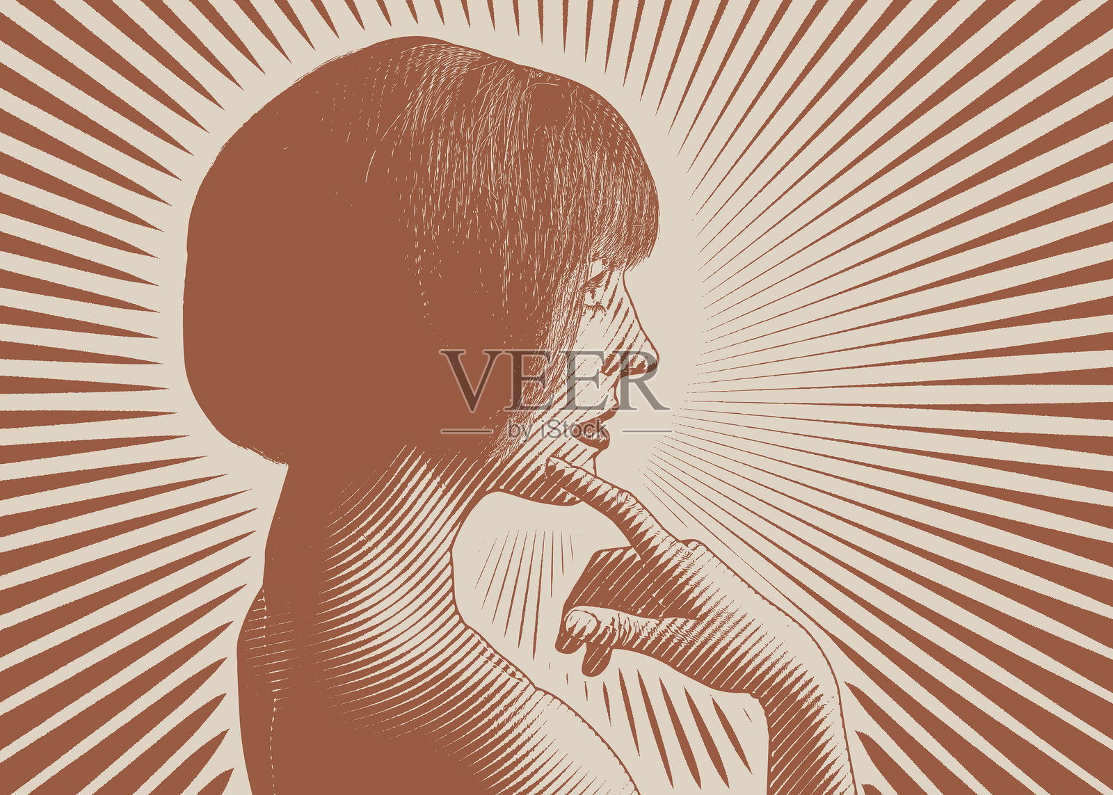 一幅沉思的年轻女子的肖像，手指抵着下巴。插画图片素材