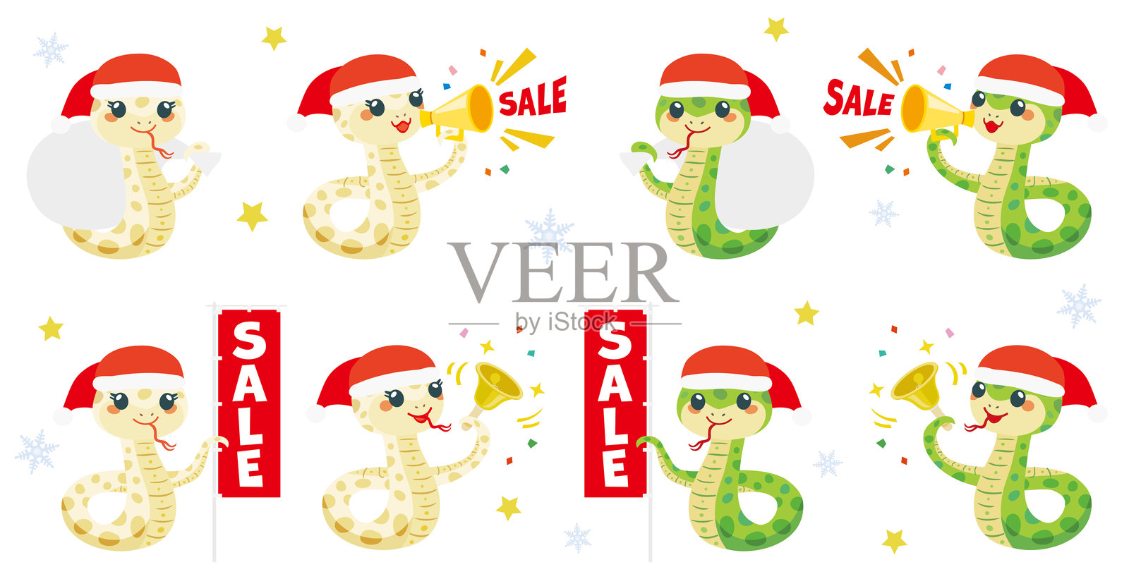 一组可爱的蛇戴着圣诞老人帽。插画图片素材