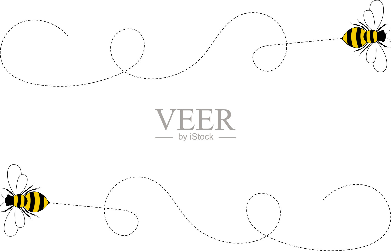 蜜蜂飞行路径。蜜蜂沿着虚线飞行。蜜蜂的飞行轨迹。蜜蜂在虚线路线飞行。手绘蜜蜂。矢量插图。插画图片素材