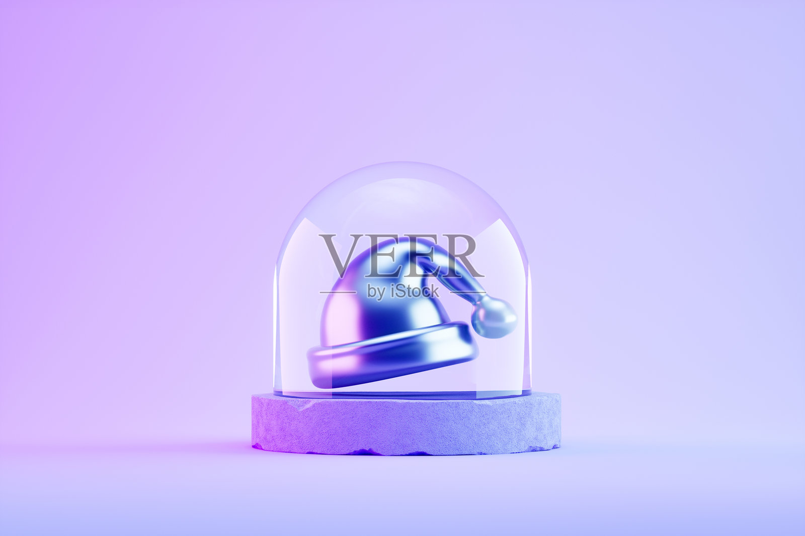 玻璃圆顶中的圣诞帽。带有紫色霓虹灯背景的圣诞节和新年概念。照片摄影图片