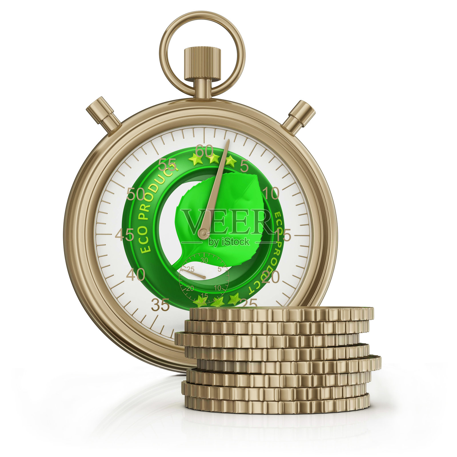 时间与金钱的概念，环保的秒表与硬币。照片摄影图片