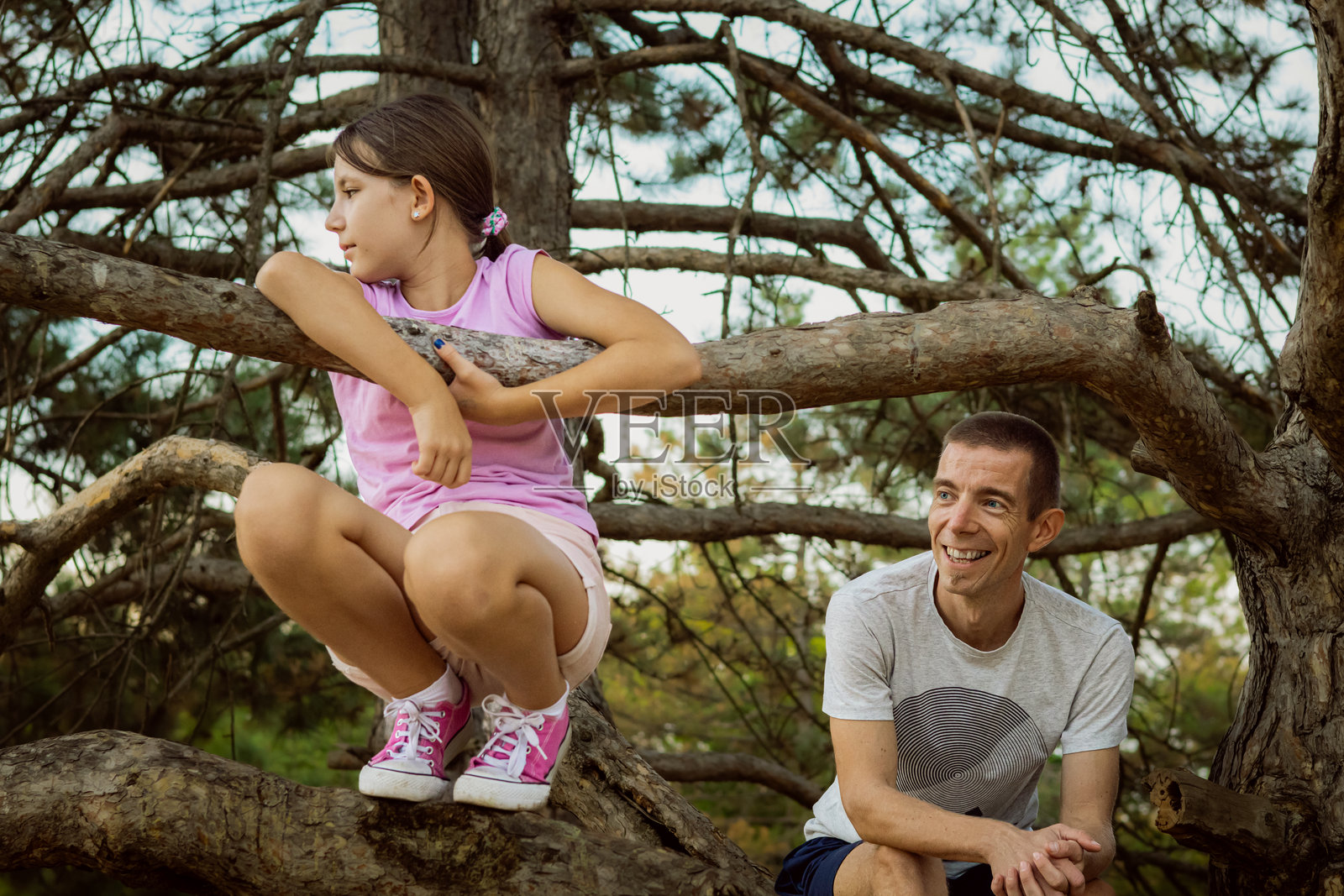 一家人在森林里享受户外乐趣。父亲和女儿正在爬树，坐在夏日的树枝上。照片摄影图片