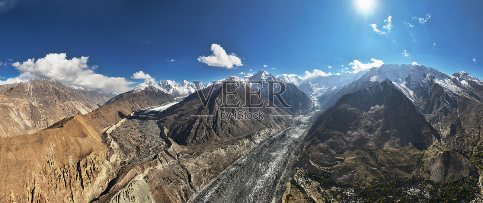 巴基斯坦北部纳加尔谷的霍珀冰川航拍视图。照片摄影图片