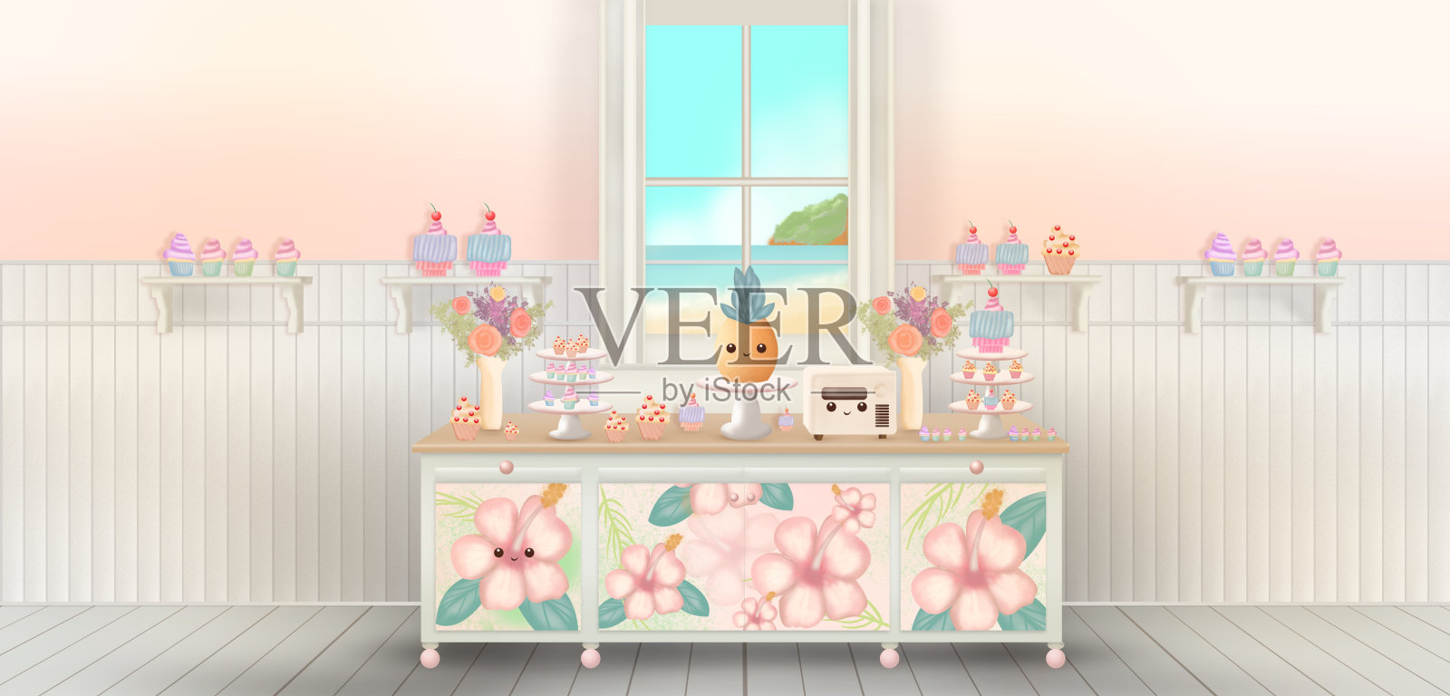 可爱的粉色面包店内部，摆满了杯子蛋糕、菠萝蛋糕，窗外是海洋景色插画图片素材