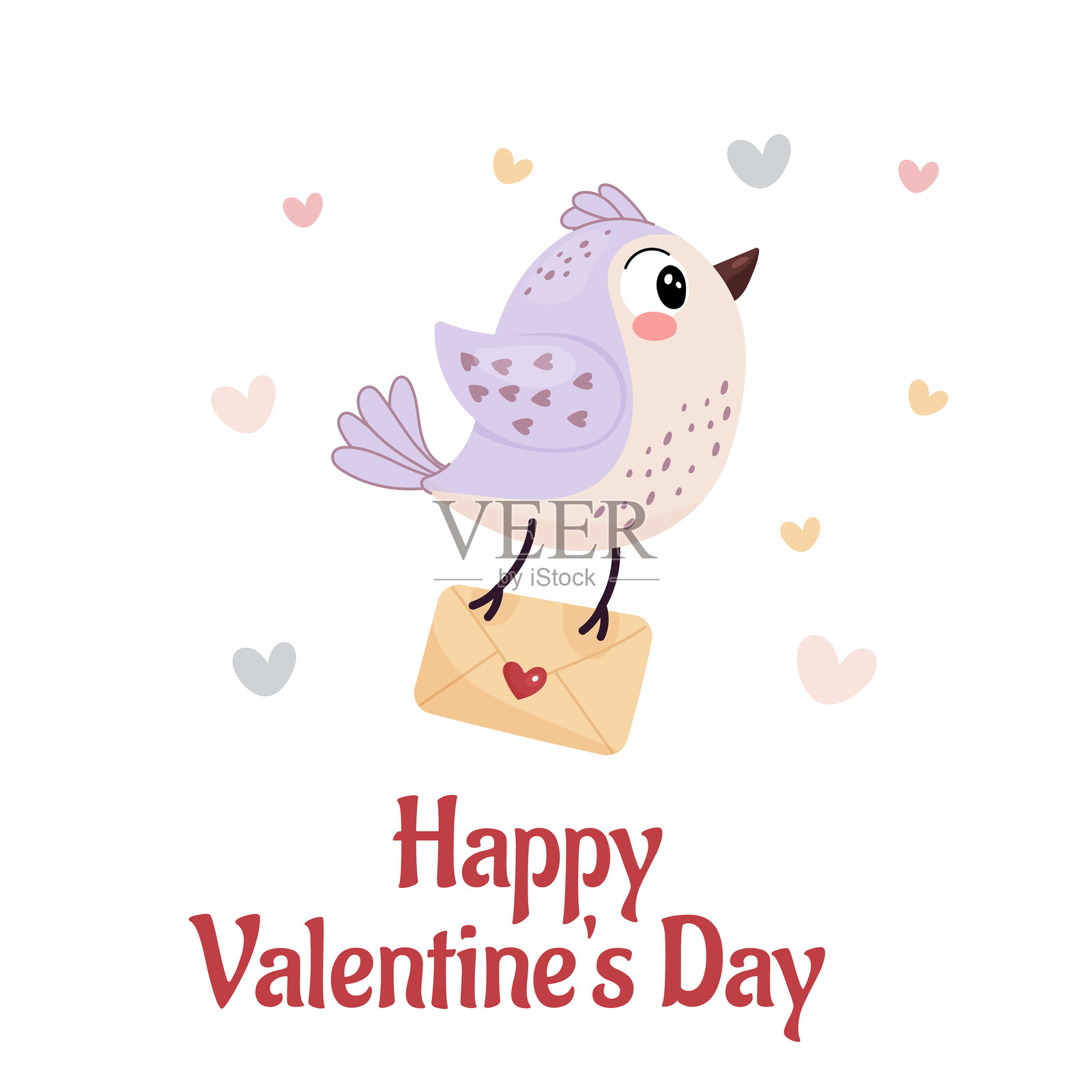 情人节快乐，可爱的鸟卡片与信件，简单扁平风格。插画图片素材