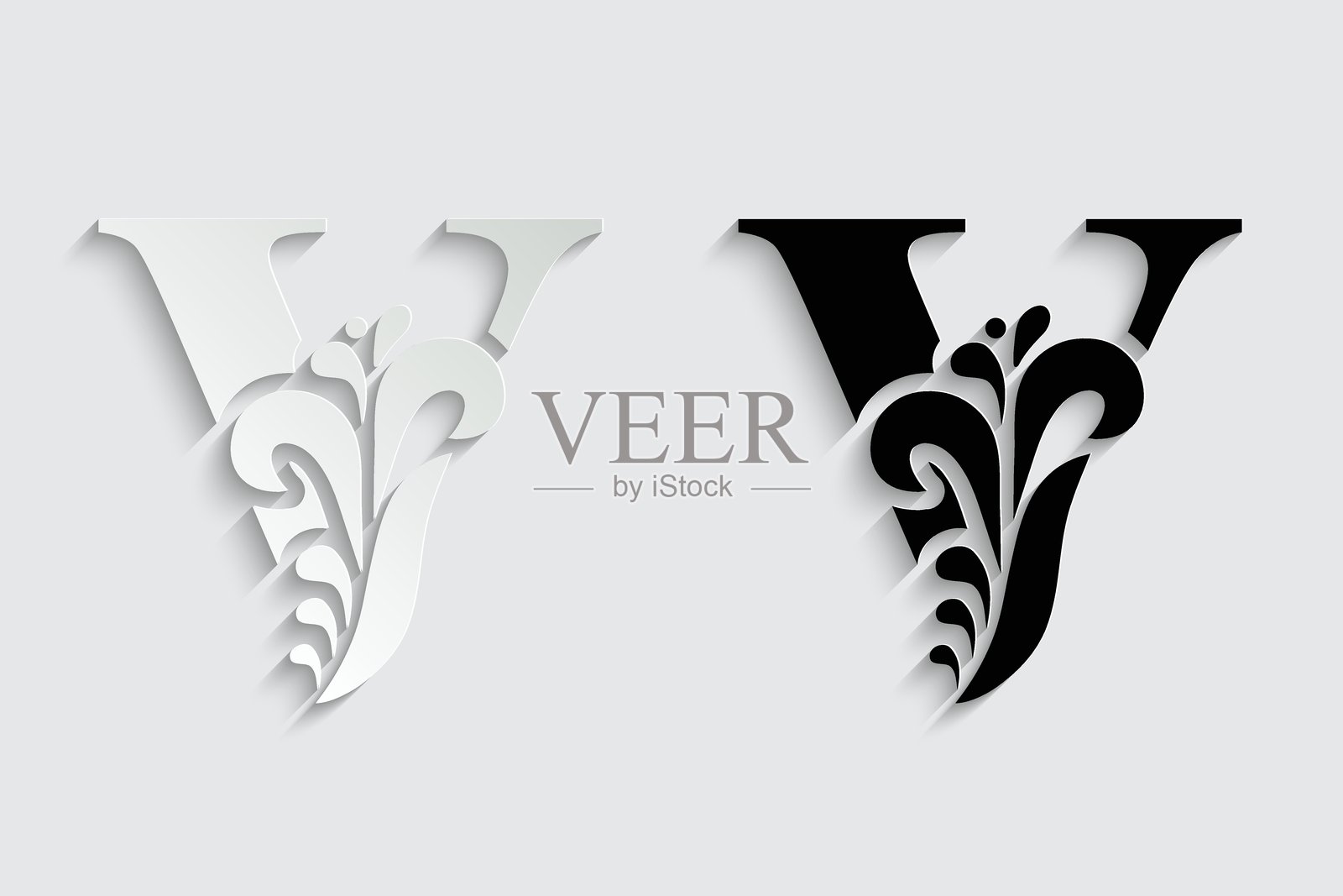 字母V。花卉字母。复古装饰首字母字母表。标志矢量图。插画图片素材