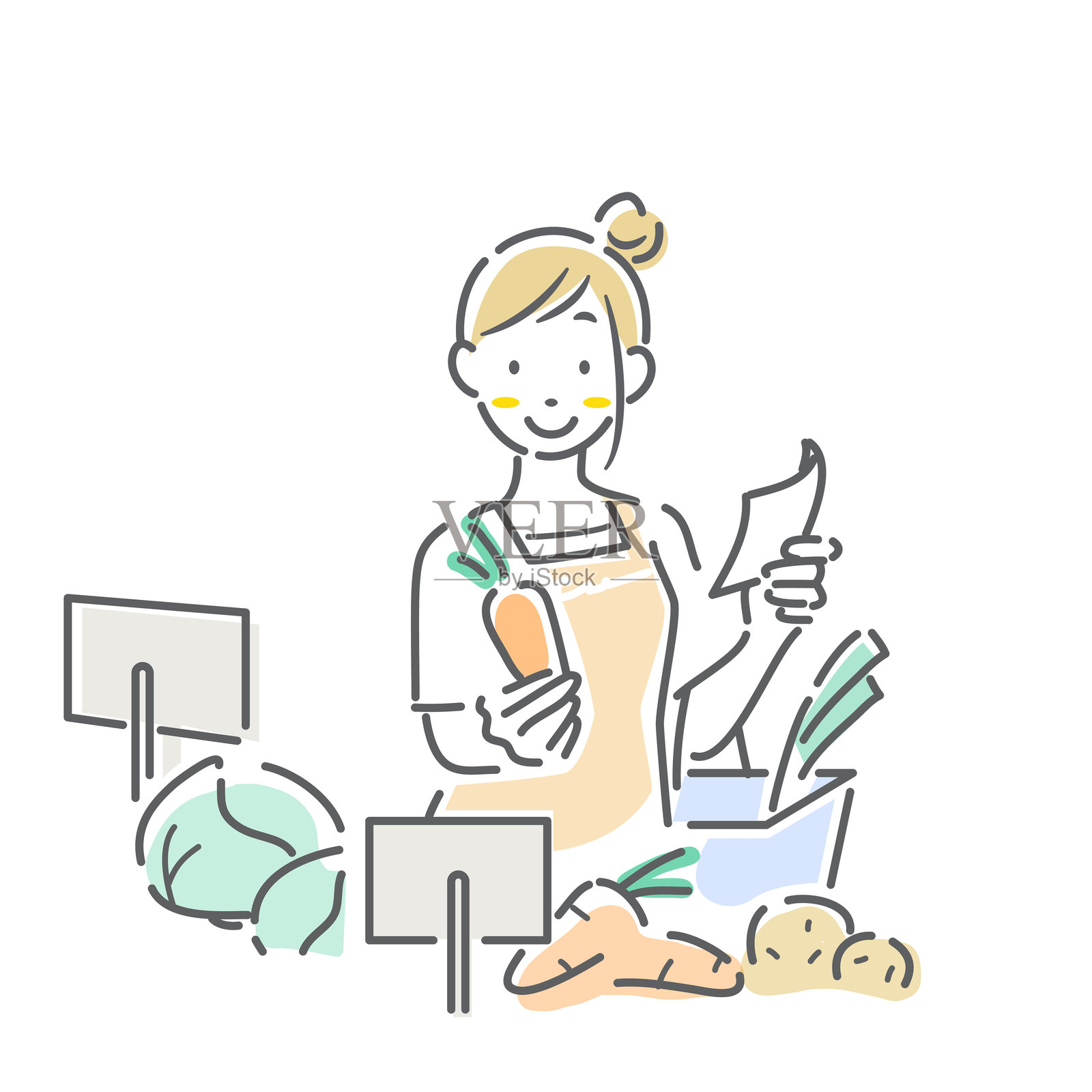 一位女性在超市购物的简单而时尚的线条画插图插画图片素材