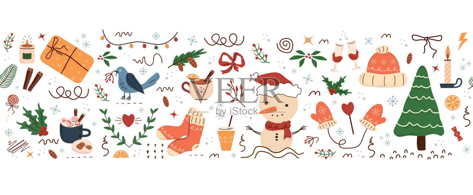 冬季概念，无缝图案，冷杉树，星星，圆点，雪，线条绘图。假日设计元素独立于白色背景。简单形状概念适用于冬季贺卡、派对海报、横幅、印刷品。矢量艺术插图。插画图片素材