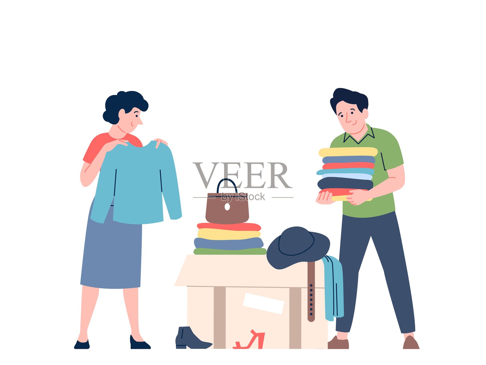 衣物捐赠。男女在纸箱中收集服装、配饰和鞋子。慈善概念，志愿者正在分类纺织品以进行回收，近期矢量场景。插画图片素材