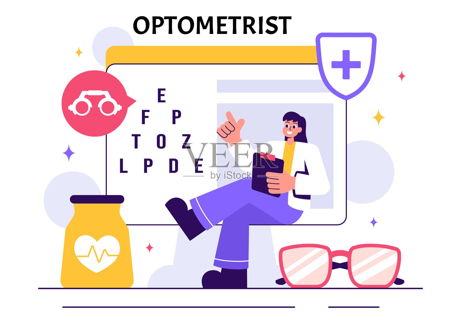 验光师矢量插图，展示眼科医生为患者检查视力、进行眼部光学测试以及先进眼镜技术插画图片素材