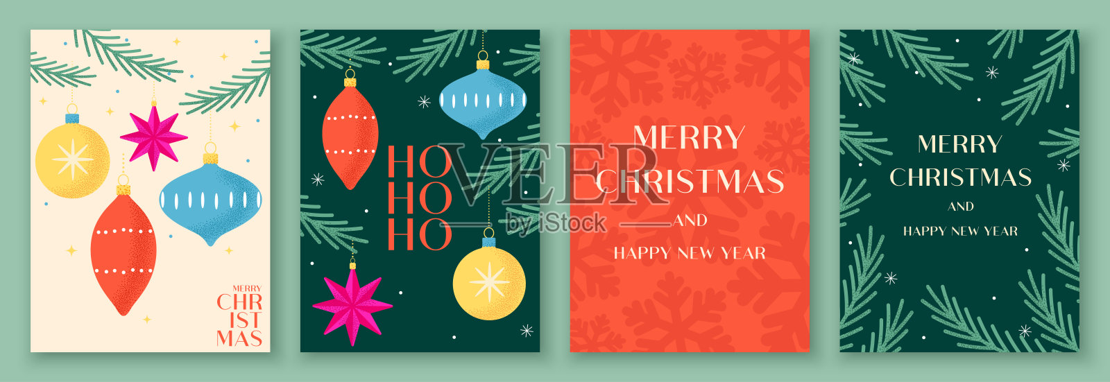 现代节日矢量插图，包含松枝、球体、雪花和星星。用于广告、封面和社交网络的传单设计。插画图片素材