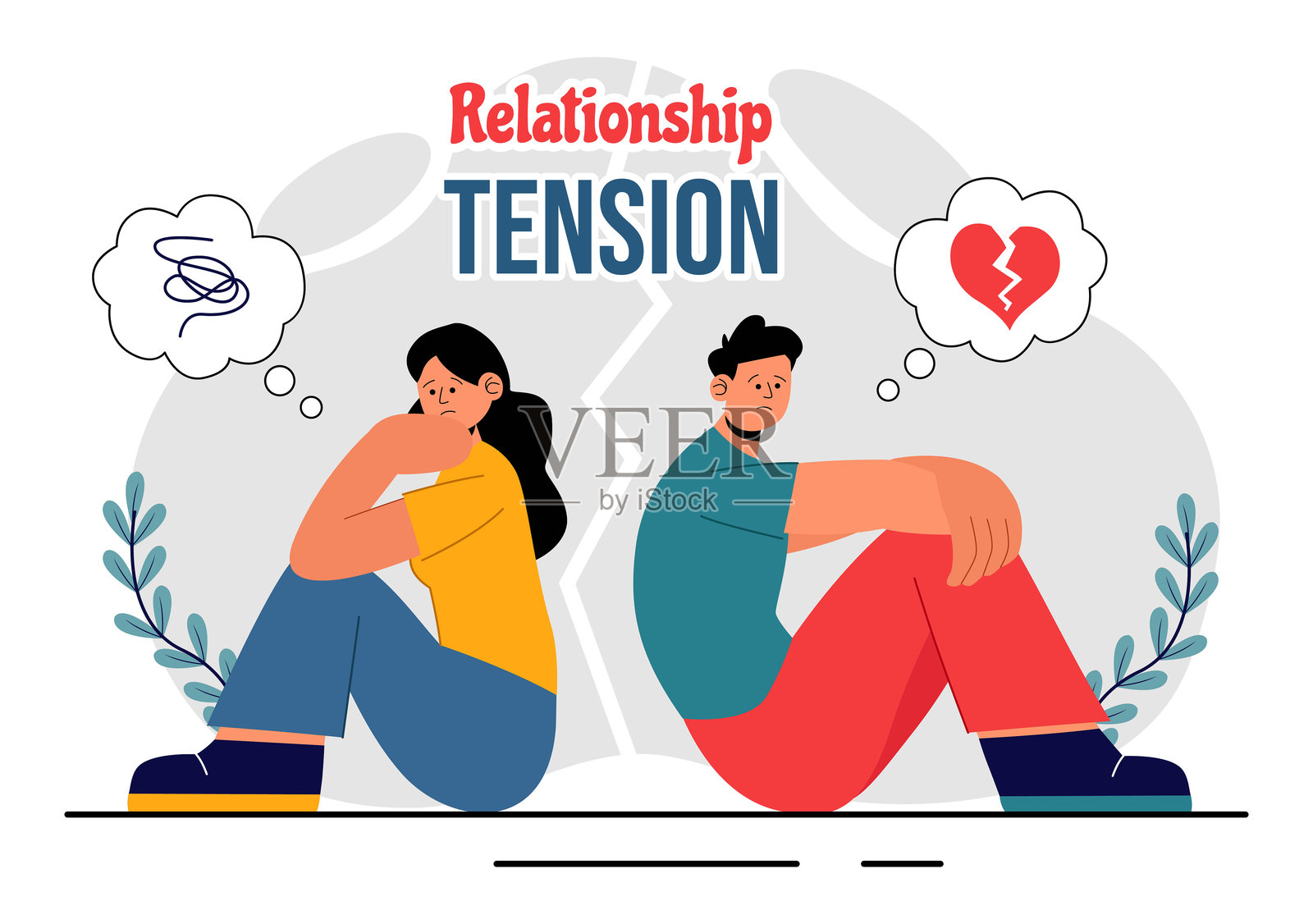 年轻情侣争吵并分开坐着，表达分歧的关系紧张矢量插图，背景为平面卡通风格插画图片素材