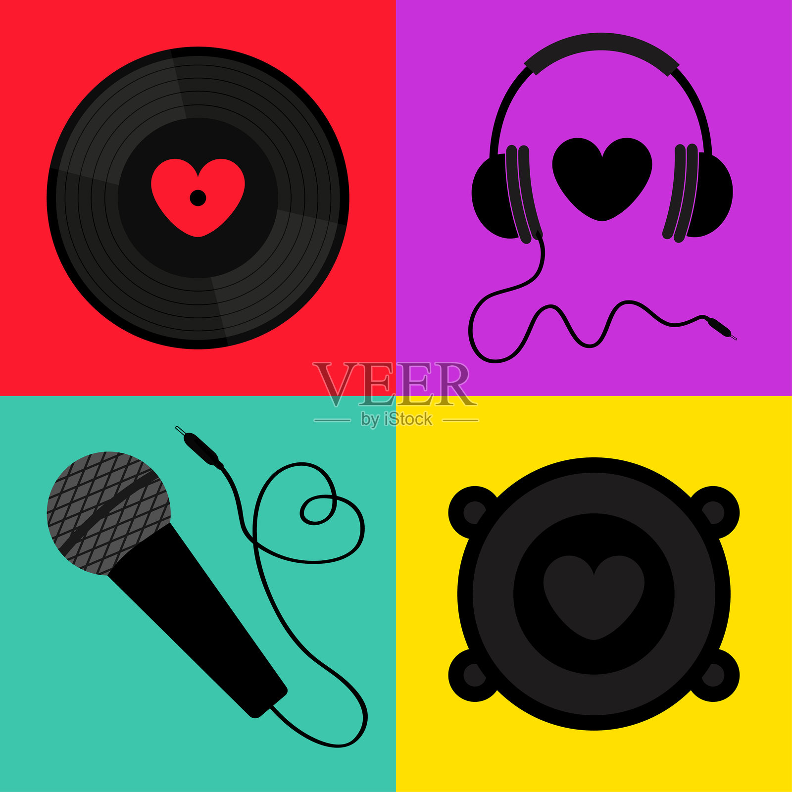 黑色乙烯基唱片。耳机、麦克风、音响、扬声器。心形符号。爱。情人节快乐贺卡、音乐海报、横幅套件。扁平设计。多彩背景。插画图片素材