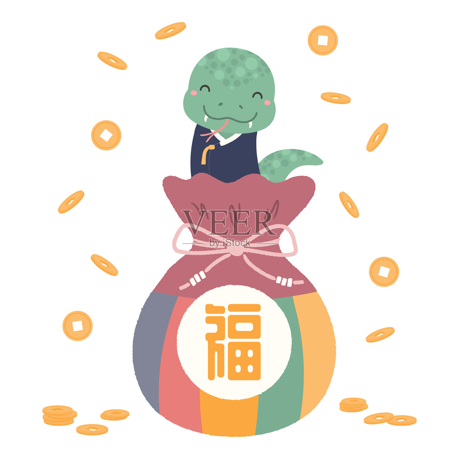 传统韩国节日礼物岁币，可爱的蛇，金币角色插图。插画图片素材